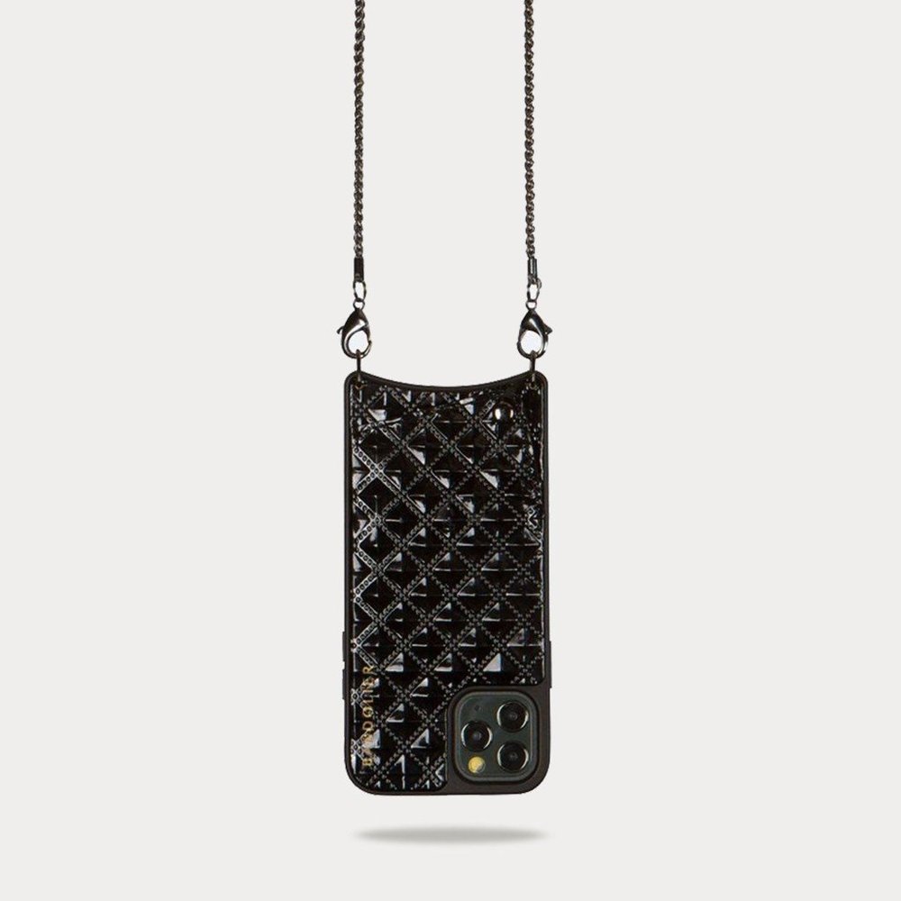 iPhone 11 Pro case SHEILA Pyramid Crossbody Bandolier in Black Embossed/Pewter